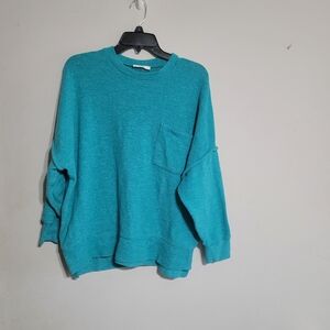 Zenana Sweatshirt Aqua Blue Sz Large‎ Pocket Pullover Long Sleeve Turquoise